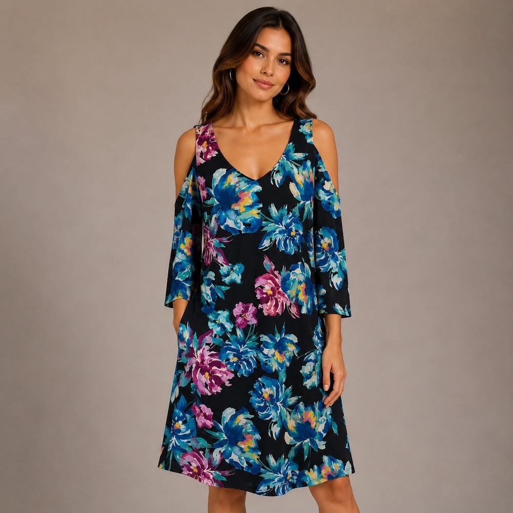 Connected Apparel-Blue and Purple Sheath‎ Dress with Bell Sleeves Size 10